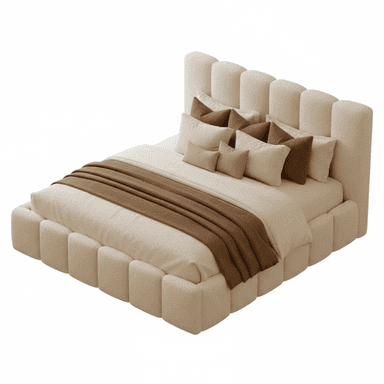 A contemporary bed frame with a distinctively upholstered headboard and footboard. The headboard features a series of vertical, cushioned panels. The bed frame itself is also upholstered and presents a segmented, pillow-like appearance along its base. The bed is dressed with a light-colored duvet and several throw pillows in varying shades of beige and brown, along with a solid brown throw blanket draped across the foot. — 3D model (AI enhanced source)