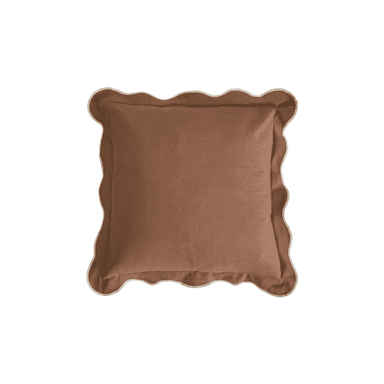 A square-shaped throw pillow featuring a solid brown (or terracotta) color. The pillow is distinguished by its scalloped edge, which is finished with a thin, lighter contrasting piping, adding a decorative flair. The fabric appears to be a soft, matte textile, possibly linen or cotton. — 3D model (AI enhanced source)