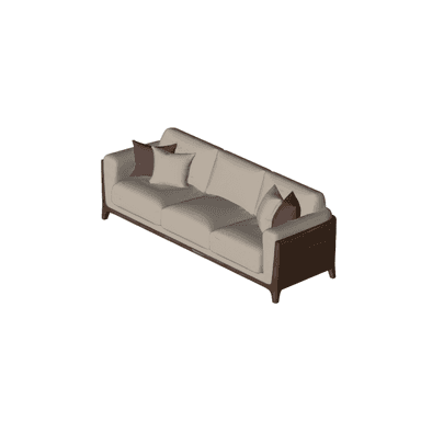 A modern three-seater sofa featuring a distinctive exposed dark wood frame that forms the base, arms, and back support. The frame encloses light beige fabric upholstered cushions for the seat, back, and armrests. The sofa is complemented by two light beige and two dark brown accent pillows, indicating a contemporary design aesthetic. — 3D model (AI enhanced source)