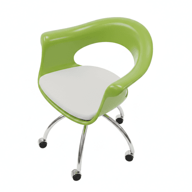 A contemporary swivel chair featuring a vibrant lime green molded shell that forms the backrest and integrated armrests. The seat is padded with a white cushion. The chair rests on a chrome-plated metal four-star base equipped with black caster wheels, suggesting mobility and swivel functionality. — 3D model (AI enhanced source)