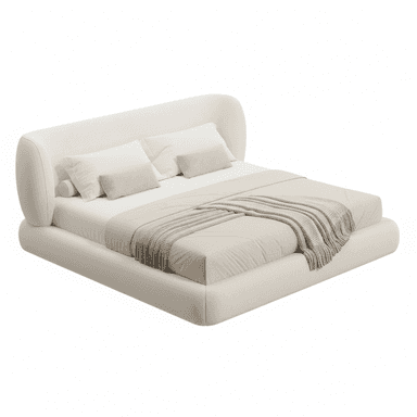 An upholstered platform bed featuring a low-profile design and soft, rounded edges. The entire frame, including the headboard and base, is covered in a light-colored, textured fabric. The headboard has a distinct, gently curved shape that wraps around the sides, and the mattress sits recessed within the upholstered frame. — 3D model (AI enhanced source)