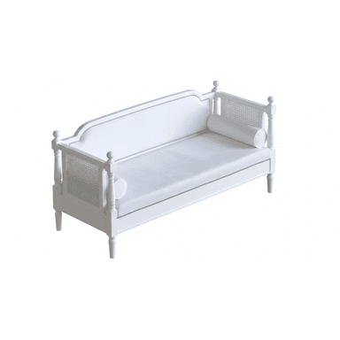 A white daybed featuring a solid wood frame, cane webbing details on the arms, and an upholstered back panel with nailhead trim. It includes a single long cushion and two cylindrical bolster pillows. — 3D model (AI enhanced source)