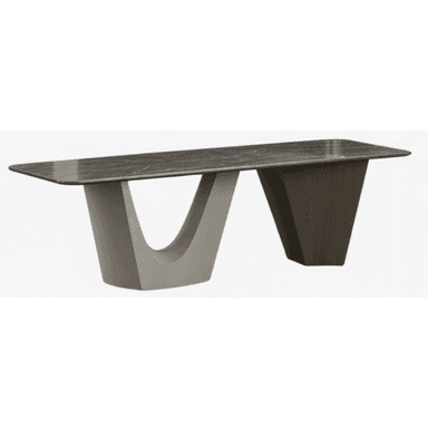 A contemporary rectangular table featuring a dark, veined marble-look tabletop with subtly rounded corners. It is supported by two distinct and asymmetrical bases. One base is a light grey, smoothly curved, sculptural form, while the other is a dark brown, wood-grained, angular, and tapered trapezoidal shape. The contrasting elements create a striking modern aesthetic. — 3D model (AI enhanced source)