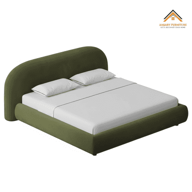 A modern upholstered platform bed featuring a distinctive asymmetrical curved headboard and a low-profile frame, all covered in a soft olive green fabric. — 3D model (AI enhanced source)