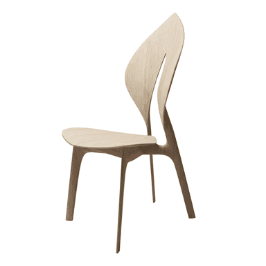 A modern, sculptural chair made from light-toned bent plywood, featuring an organically curved backrest with a central vertical slit, and a subtly shaped seat supported by four tapered legs. — 3D model (AI enhanced source)