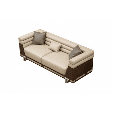 A contemporary two-seater sofa featuring cream-colored leather upholstery, dark wood paneling, and polished metal accents. The design incorporates clean lines with horizontal channel tufting on the backrest and armrests. It includes two loose seat cushions and comes with three accent throw pillows in varying shades of grey and cream. The sofa is supported by low-profile metal feet, and the wood paneling wraps around the base and arms. — 3D model (AI enhanced source)