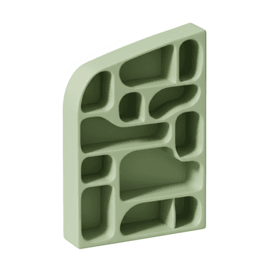 A light sage green, modern shelving unit featuring an asymmetrical, irregularly shaped design with rounded edges and various organic compartments. The unit has a matte finish and a substantial, molded appearance, suggesting plastic or a composite material. — 3D model (AI enhanced source)