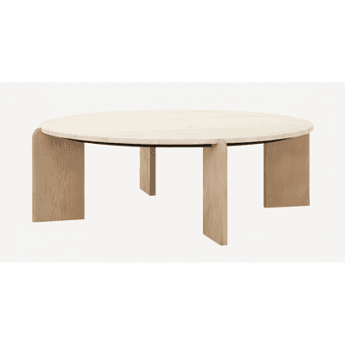 A minimalist round coffee table with a light-toned wooden top and unique blade-like leg supports. The tabletop is perfectly circular, featuring a natural wood grain visible across its surface. The base consists of several flat, vertical wooden panels, or 'blades,' which are subtly integrated into the underside of the tabletop, providing stable support and contributing to the table's clean, contemporary aesthetic. A thin, dark band is visible between the tabletop and the leg structure, suggesting a separate element or a design detail. The wood has a light, possibly bleached or natural, finish. — 3D model (AI enhanced source)