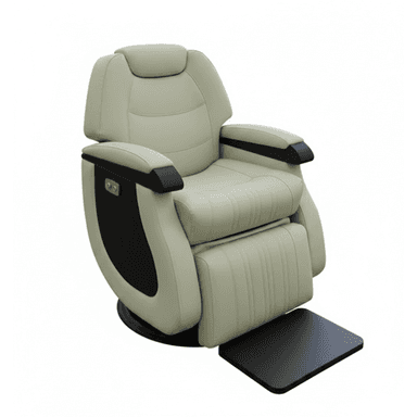 A modern reclining massage chair featuring a heavily padded, upholstered body in a light beige or cream color. The chair has prominent black accents on the armrests and side panels, which house integrated control buttons. It includes a multi-sectional backrest, a plush headrest, and an extendable footrest that emerges from the base of the seat. The chair rests on a circular, low-profile black base, suggesting a stable and possibly swiveling mechanism. The overall design emphasizes ergonomic comfort and technological integration for relaxation. — 3D model (AI enhanced source)