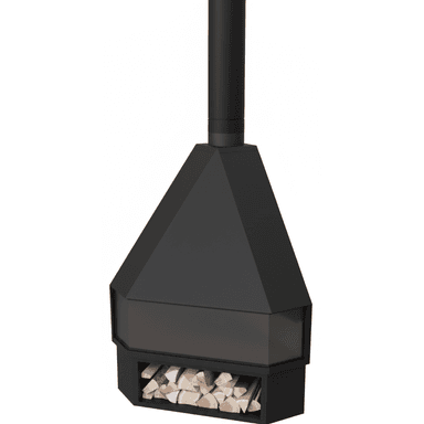 A modern, suspended, freestanding fireplace with a matte black finish. It features a pyramidal-shaped hood connected to a ceiling-mounted flue pipe. The firebox is integrated into the lower section, characterized by multi-sided glass panels allowing views of the fire. Below the firebox, an open compartment is designed for log storage, filled with cut firewood. — 3D model (AI enhanced source)