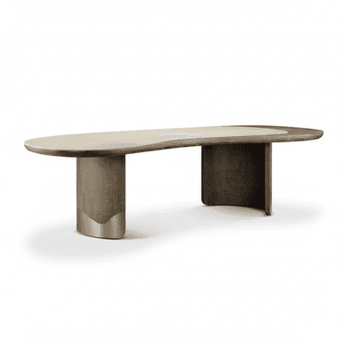 An oval-shaped dining table with a light-colored, smooth tabletop and a dark, textured wooden base. The base consists of two thick, curved legs that support the tabletop. Each leg has a metallic accent at its bottom, appearing to be brass or a similar gold-toned metal. — 3D model (AI enhanced source)