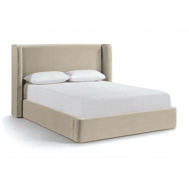 A contemporary platform bed featuring a fully upholstered frame and headboard in a light neutral fabric. The headboard has subtle winged sides, providing a slightly enclosed and tailored look. The base is also upholstered, creating a clean, seamless appearance with the mattress sitting directly on the frame, eliminating the need for a box spring. — 3D model (AI enhanced source)