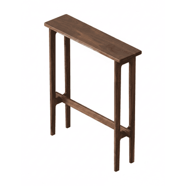 A minimalist, slimline console table crafted from dark walnut wood, featuring a rectangular top and integrated leg structures connected by a horizontal stretcher bar. — 3D model (AI enhanced source)