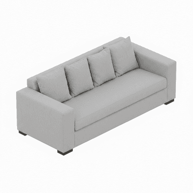 A modern three-seater sofa upholstered in a light gray woven fabric, featuring a streamlined rectangular form, square track arms, and four loose back cushions. The sofa sits on short, dark, recessed block feet. — 3D model (AI enhanced source)