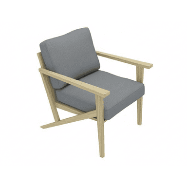 A modern lounge armchair with an exposed light-toned wooden frame and grey fabric cushions for the seat and back. The frame features straight armrests and subtly splayed rear legs, embodying a minimalist design. — 3D model (AI enhanced source)