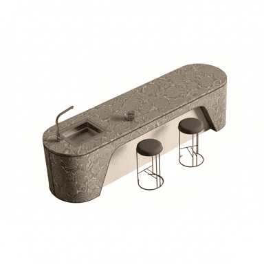 A compact, contemporary bar unit featuring an integrated stainless steel sink and space for two bar stools. The unit has a distinctive organic patterned surface in earth tones and a recessed light wood panel for legroom. — 3D model (AI enhanced source)