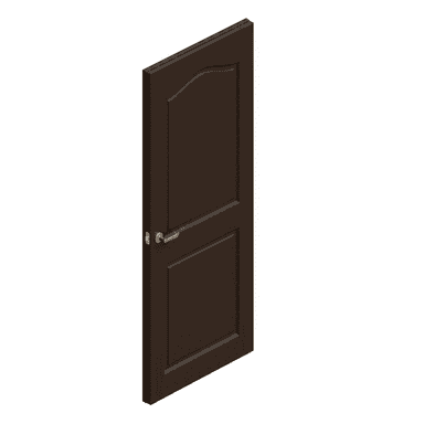 An interior door featuring a dark brown finish, a traditional paneled design with an arched top panel, and brass-colored lever-style hardware. The door is presented from an angled perspective against a white background. — 3D model (AI enhanced source)