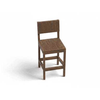 A rustic-style bar stool constructed from dark brown, distressed wooden planks. It features a solid seat, a tall backrest made of vertical planks, and integrated footrests between the sturdy square legs. The wood shows visible grain and a worn, weathered finish with subtle hints of blue-green discoloration, suggesting reclaimed or intentionally aged material. The design is robust and utilitarian. — 3D model (AI enhanced source)