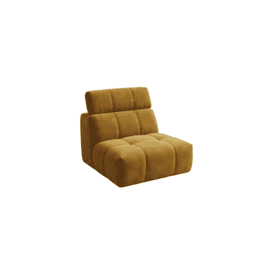 A mustard yellow, deeply tufted, armless lounge chair with a low-profile and a distinct modular aesthetic. Its upholstered blocks form a plush seat and a slightly angled backrest, emphasizing comfort and a relaxed posture. — 3D model (AI enhanced source)