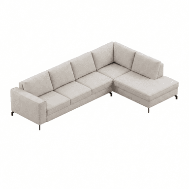 An L-shaped modern sectional sofa upholstered in a light beige fabric, featuring a chaise lounge extension, low profile design, and slender black metal legs. — 3D model (AI enhanced source)