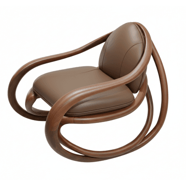 A modern lounge chair featuring a sculptural bentwood frame in a dark wood finish, with integrated armrests and a curved base. The chair is fitted with smooth, upholstered cushions in a tan or light brown leather or faux leather for both the seat and backrest, emphasizing fluid lines and comfort. — 3D model (AI enhanced source)