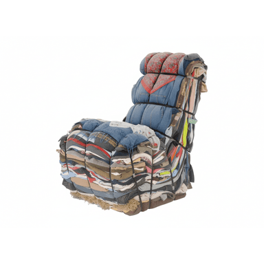 A unique lounge chair constructed entirely from tightly bound bales of discarded textiles, primarily clothing, forming a distinct sculptural and functional seating object with an artistic aesthetic. — 3D model (AI enhanced source)