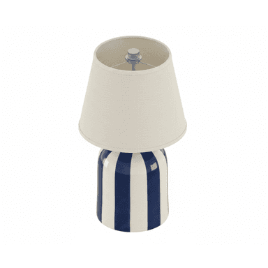 A table lamp featuring a cylindrical ceramic base with a bold blue and white vertical stripe pattern, topped with a tapered drum fabric lampshade in a neutral beige or cream color. The lamp has a clean, rendered appearance. — 3D model (AI enhanced source)
