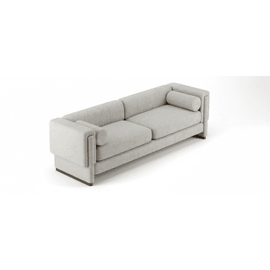 A modern, upholstered sofa with clean lines and blocky arms. It features a tufted seat cushion, a removable bolster pillow on one side, and a low-profile wooden base. — 3D model (AI enhanced source)