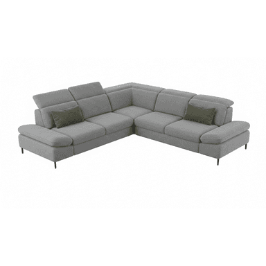 An L-shaped contemporary sectional sofa upholstered in light grey fabric, featuring adjustable headrests on multiple seating units. The sofa includes an extended chaise-like section on one end and is supported by discreet, low-profile dark metal legs. Two olive green accent pillows are placed on the sofa. — 3D model (AI enhanced source)