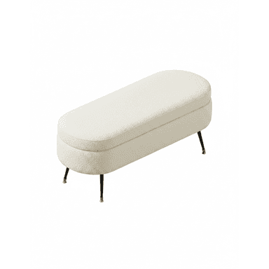 An oval-shaped, off-white boucle upholstered storage bench with slender black metal legs featuring brass tips. The top functions as a hinged lid, revealing internal storage. — 3D model (AI enhanced source)