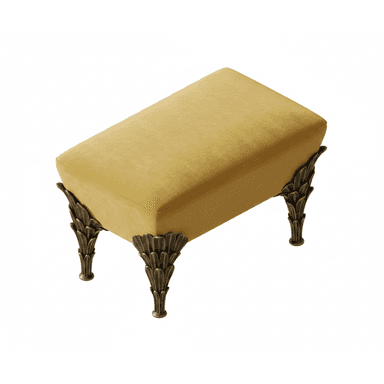 A rectangular upholstered ottoman featuring a plush golden velvet top and four ornate, leaf-motif metal legs with an antique bronze finish. The design combines comfort with decorative elegance. — 3D model (AI enhanced source)