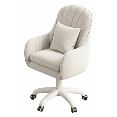 A modern upholstered office chair featuring a high, slightly winged backrest with vertical channel tufting, integrated curved armrests, and a plush seat cushion. It is supported by a white five-star base equipped with black casters for mobility and a swivel mechanism. A small square throw pillow matches the chair's light-colored fabric upholstery. — 3D model (AI enhanced source)