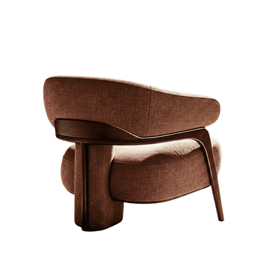A modern sculptural lounge chair featuring a prominent dark-stained wooden frame that cradles plush, textured terracotta-brown upholstery. The chair exhibits a distinctive design where the wooden frame forms the back support, integrated armrests, and one splayed leg, while the opposing side features a solid, block-like upholstered base. The seat and back cushions are generously padded, suggesting comfort, and follow the organic curves of the supporting structure. The overall aesthetic is contemporary and elegant. — 3D model (AI enhanced source)