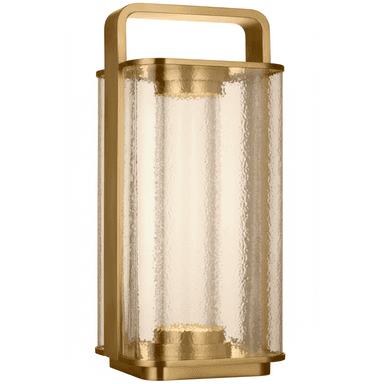 A contemporary portable electric lamp featuring a polished brass frame, a rectangular textured glass shade, and an integrated top handle. — 3D model (AI enhanced source)