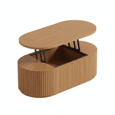 A modern, oval-shaped coffee table with a lift-top mechanism. The base is cylindrical and features vertical fluting, while the top is a solid, flat surface. The lift-top is supported by black metal brackets. — 3D model (AI enhanced source)