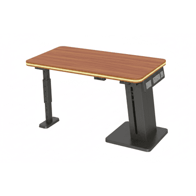 An adjustable height desk with a rectangular wooden top and dark metal legs. The desk features integrated electrical outlets and controls on the right side, and a light strip around the perimeter of the desktop. The legs are adjustable in height and appear to be made of metal with a matte finish. The base is a flat, square plate. — 3D model (AI enhanced source)