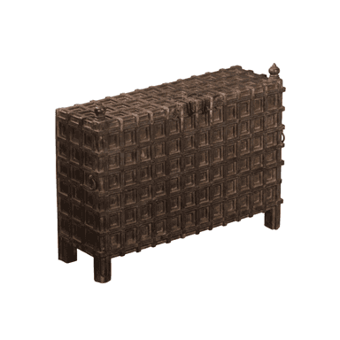 A dark brown, heavily textured wooden storage chest, rectangular in form, featuring a distinct grid-like paneling pattern across all visible surfaces. It is supported by short, sturdy block feet and includes decorative finials at the top corners and metal ring pull handles on the sides. A central latch mechanism is visible on the front edge of the lid. — 3D model (AI enhanced source)
