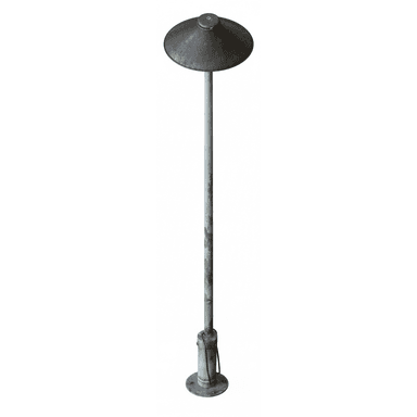 A tall, slender outdoor post lamp featuring a weathered metal construction. It has a conical shade at the top, supported by a long cylindrical pole that connects to a round, flanged base. The entire fixture exhibits significant signs of age and outdoor exposure, including heavy rust, dark discoloration, and visible patches of moss or lichen growth on the pole. The base appears designed for secure ground mounting. — 3D model (AI enhanced source)