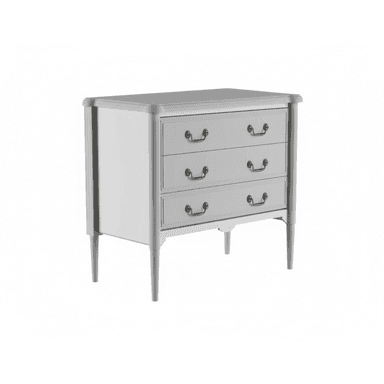 A light grey, neoclassical-inspired chest of drawers featuring three uniformly sized drawers, each adorned with brass-toned pull handles. The chest stands on four tapered legs, and its sides are accented with reeded pilasters, adding a refined touch to its design. — 3D model (AI enhanced source)
