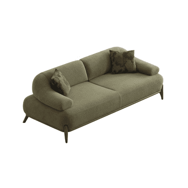 An olive green upholstered two-seater sofa featuring a clean, contemporary design with rounded arms and a continuous backrest. It stands on a dark wooden frame with slender, tapered wooden legs and includes two patterned throw pillows. — 3D model (AI enhanced source)