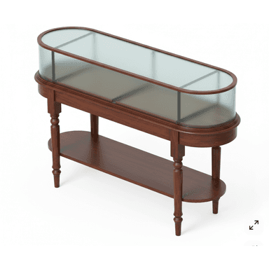 An antique-style display cabinet featuring an elongated oval glass top with a frosted finish, supported by a dark wood frame. The cabinet has four turned legs and a lower shelf, also in dark wood, providing additional storage or display space. The overall design suggests a piece of furniture intended for showcasing decorative items. — 3D model (AI enhanced source)