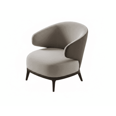 A contemporary club chair featuring a rounded, enveloping design with two-tone upholstery. The inner surfaces (seat, inner back, and inner arms) are upholstered in a lighter beige fabric, while the outer shell of the back and arms is in a darker taupe fabric. The chair is supported by a dark brown or black wooden base and four slender, tapered wooden legs. — 3D model (AI enhanced source)