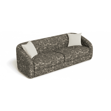 A contemporary sofa fully upholstered in a dark beige and grey botanical pattern fabric. It features a streamlined form with gently rounded track arms and two loose seat cushions. The sofa comes with two light-colored square toss pillows. — 3D model (AI enhanced source)