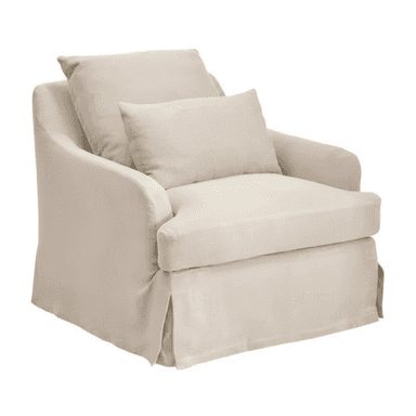 A light-colored, upholstered armchair featuring a loose slipcover design and a skirted base. It has wide, slightly rolled armrests and includes two loose, rectangular cushions for the seat and back, plus a smaller lumbar or accent cushion. The overall aesthetic is casual and comfortable. — 3D model (AI enhanced source)