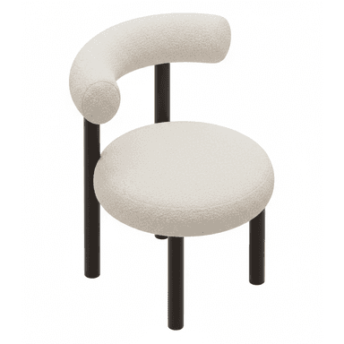 A modern armchair with a distinct curved backrest and a rounded seat. The upholstery is a textured boucle fabric, and the frame consists of dark, cylindrical legs and a supporting structure for the backrest. — 3D model (AI enhanced source)