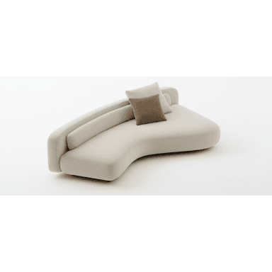 An off-white or cream-colored asymmetrical chaise lounge with soft, organic curves and a low, integrated backrest. It is upholstered in a textured, possibly boucle, fabric and includes two loose cushions, one light-colored and one brown. The base is minimalistic, suggesting a low profile. — 3D model (AI enhanced source)