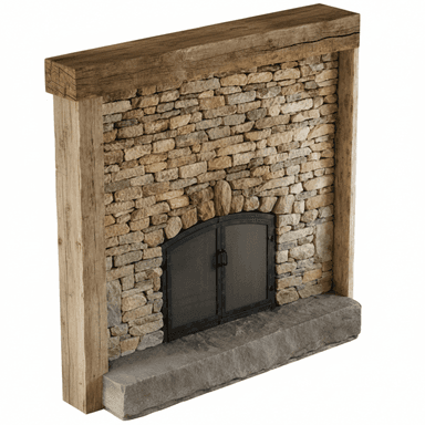 A rustic fireplace assembly featuring a facade of stacked natural stones, framed by rough-hewn timber posts and topped with a substantial timber mantel. It includes an arched, dark metal fire screen and a solid stone hearth. — 3D model (AI enhanced source)