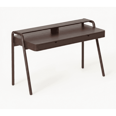 A modern, minimalist writing desk crafted from dark-stained wood, featuring a rectangular top with subtly rounded edges and two integrated drawers. A distinctive raised back shelf, supported by gracefully curved uprights that continue down to form the front legs, provides additional storage or display space. The desk is supported by slender, angled legs, contributing to its light and contemporary aesthetic. — 3D model (AI enhanced source)