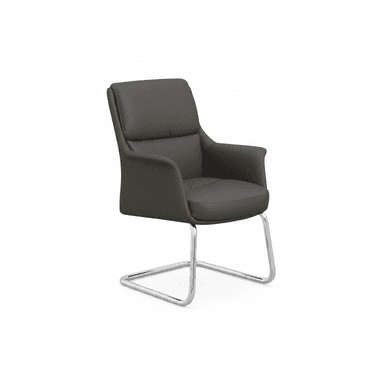 A dark gray upholstered armchair with a polished chrome cantilever base, featuring a contemporary design with integrated armrests and a padded seat and back. — 3D model (AI enhanced source)