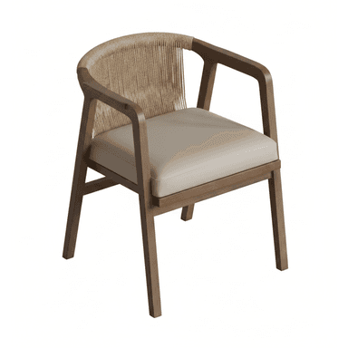 A modern armchair featuring a dark-stained wooden frame with a gently curved backrest and armrests. The backrest is composed of vertical strands of natural-colored woven rope or cord, creating an open and textural design. The seat is fitted with a thick, flat, light beige or cream-colored upholstered cushion. The chair stands on four straight, tapered wooden legs. — 3D model (AI enhanced source)